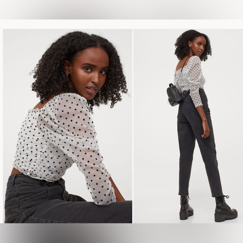 H&M Divided Black and White Polka Dot Draped Crop Blouse - Size Large